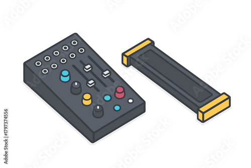 Isometric sound mixer control panel and audio fader unit for music production
