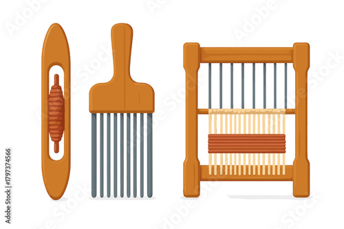 Weaving instruments set including wooden shuttle, beater comb, and small tapestry loom