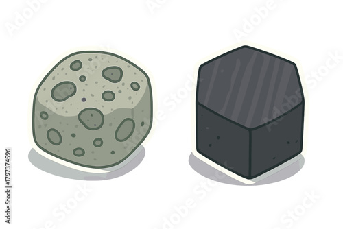 Stylized cartoon set of two space rocks including a gray asteroid fragment and a dark hexagonal meteorite isolated on white background