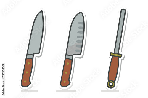 Essential kitchen cutlery set featuring two different chef knives and a sharpening steel