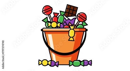 Bucket Filled with Colorful Halloween Candy and Chocolate.