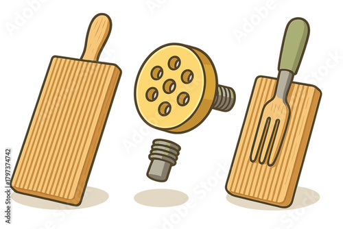 Traditional tools for homemade Italian pasta preparation including wooden boards and brass extruder die