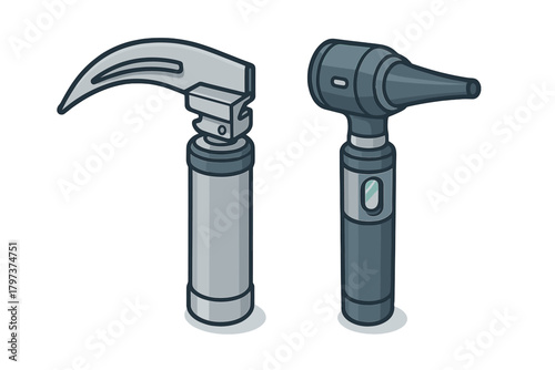 Set of medical diagnostic tools including laryngoscope and otoscope for examinations