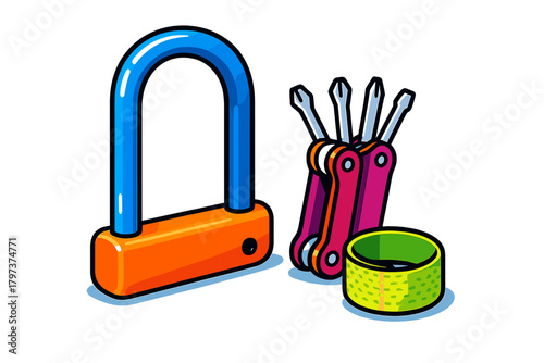 Bright orange and blue U-lock, folding repair tool, and green handlebar tape for cycling maintenance