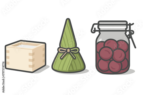 Traditional Asian food set featuring a wooden masu cup, wrapped rice dumpling, and preserved fruit jar