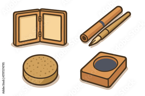 Traditional Asian art supplies set featuring calligraphy brush, ink well, and wooden palette box