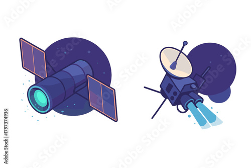 Two stylized space satellites orbiting in deep cosmic space with solar panels and antenna dishes