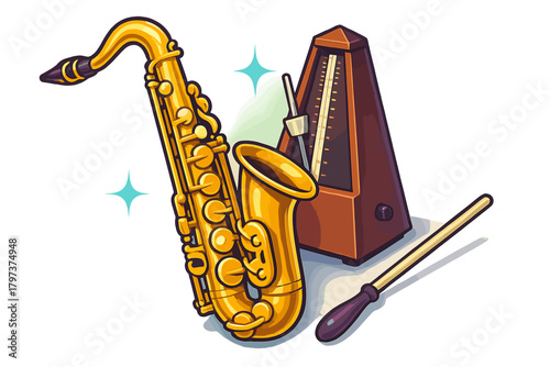 Shiny brass saxophone, classic wooden metronome, and conductor's baton