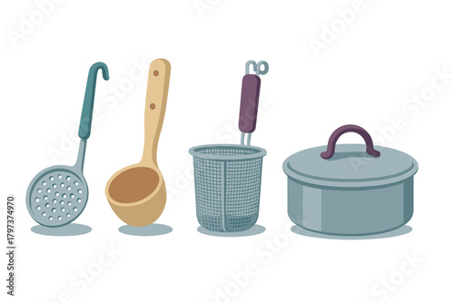 Assortment of cooking utensils including skimmer ladle strainer and pot