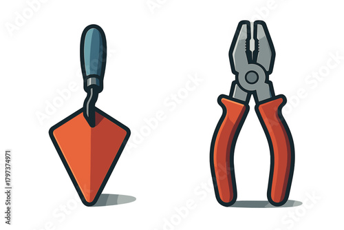 Graphic depiction of a pointed masonry trowel and heavy duty combination pliers