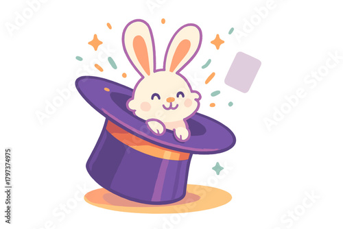 Smiling bunny performing a magic trick popping out of a classic top hat