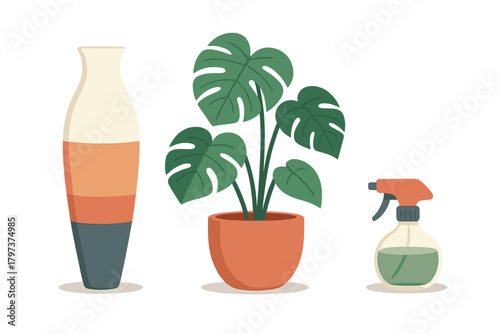 Potted tropical Monstera plant, decorative vase, and water spray bottle for indoor gardening and home decor