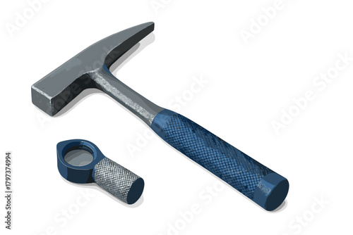 Professional geological rock hammer and magnifying loupe isolated on a white background
