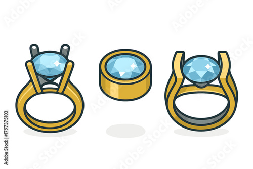 Collection of gold engagement rings featuring large faceted blue gemstones on a white background
