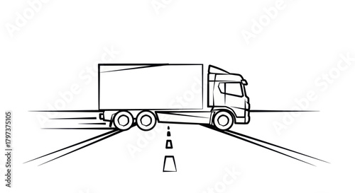Line Art Illustration of a Semi-Truck on a Road.