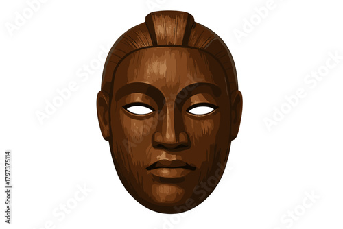 Traditional carved wooden ceremonial mask representing a human face isolated on a white background