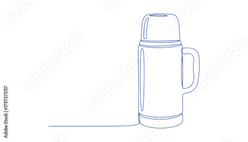 continuous one line drawing of a thermos mug, designed simply for a coffee shop poster wall.