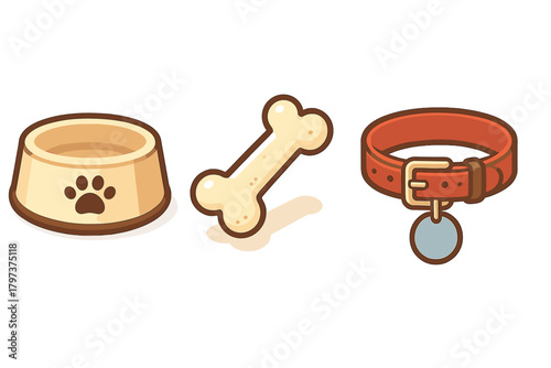 Set of essential dog accessories including feeding bowl, chew bone, and red leather collar with ID tag