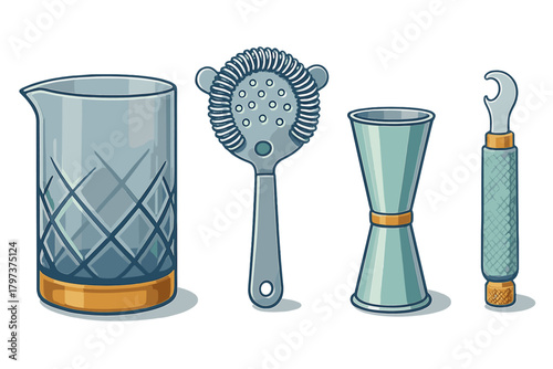 Essential professional bar tools set including mixing glass, strainer, jigger, and bottle opener