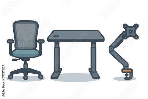 Ergonomic chair, adjustable standing desk, and monitor arm setup components