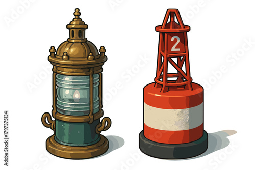 Antique nautical ship lantern and red channel marker buoy isolated on white