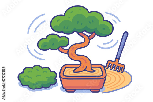Miniature potted bonsai tree and gardening rake creating circular zen sand patterns