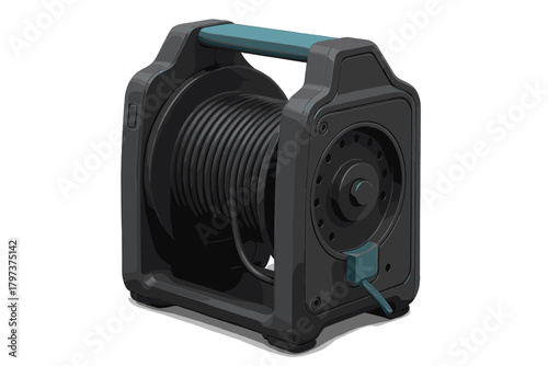 Portable electric cable reel with coiled black cord on white background