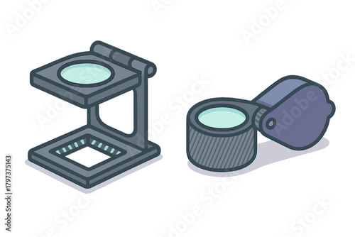 Standing measuring magnifier and folding jeweler's loupe for detailed inspection