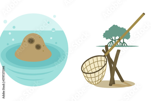 Porous marine sponge floating in water with traditional fishing net near mangrove trees