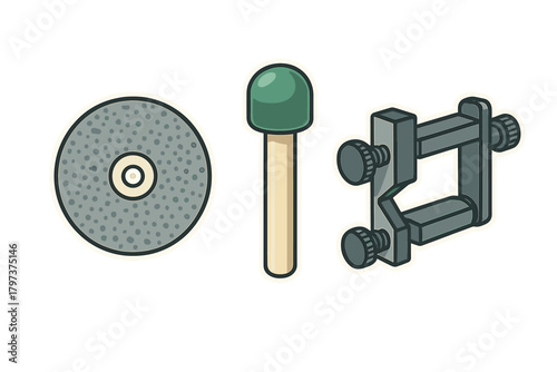Abrasive tools set featuring grinding wheel mounted point and clamping jig