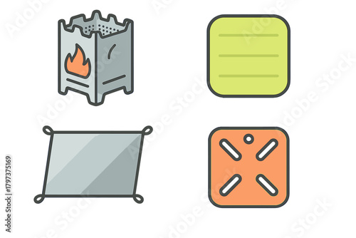 Essential camping and hiking gear icons set including portable stove and ground sheet