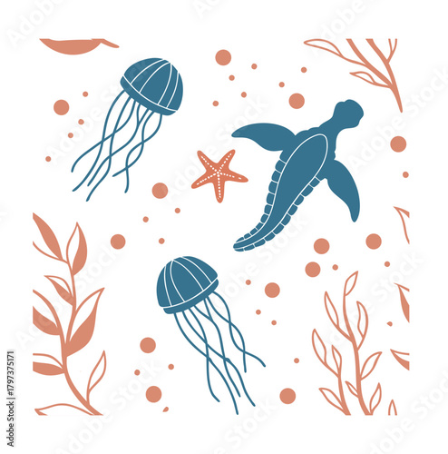 Underwater Creatures Floating Seamless Pattern