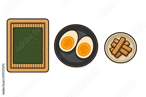 Japanese ramen toppings set with nori seaweed, soft boiled eggs, and menma bamboo shoots