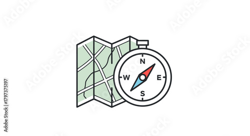 Cartoon style folded map and compass for travel and adventure navigation.