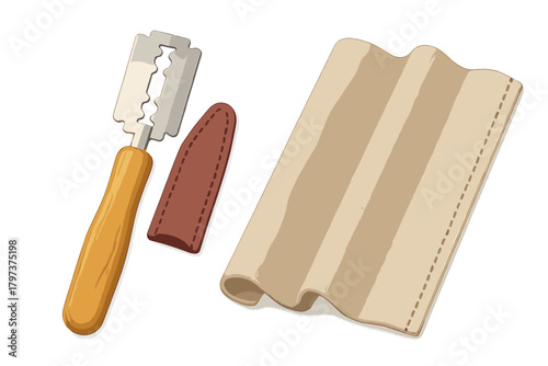 Vintage style razor knife with wooden handle and protective leather sheath beside folded beige fabric