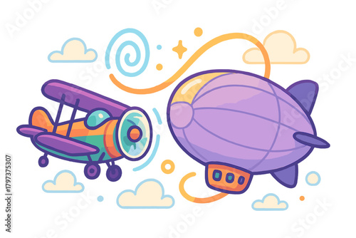 Colorful cartoon biplane and purple airship flying together among clouds