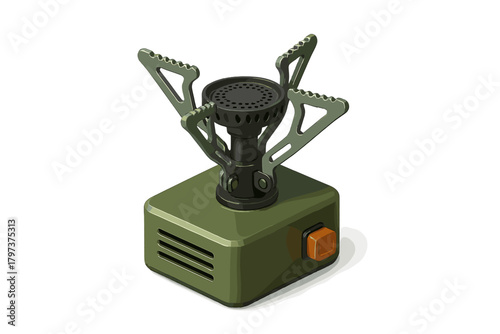 Compact portable camping stove for outdoor cooking and backpacking isolated on white