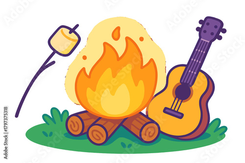 Cozy campfire scene with roasting marshmallow and acoustic guitar on green grass