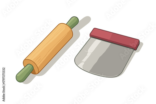 Rolling pin and bench scraper essential kitchen tools for baking dough preparation