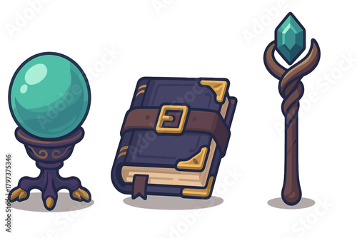 Mystical fantasy props set with glowing crystal ball, ancient spellbook, and magic staff
