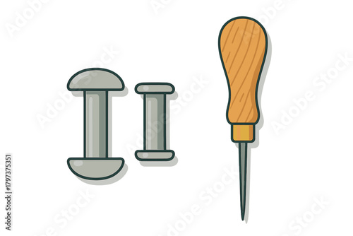 Essential leather crafting tools set featuring an awl with a wooden handle and two metal rivets