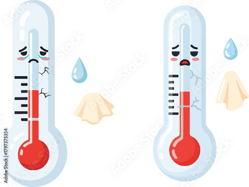 Cartoon Thermometer Feeling Sick Flat Vector Illustration