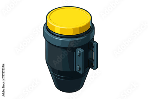 Industrial component with yellow cap and mounting bracket on white background