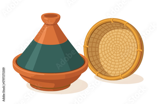 Traditional Moroccan tagine cooking pot with conical lid and round woven basket