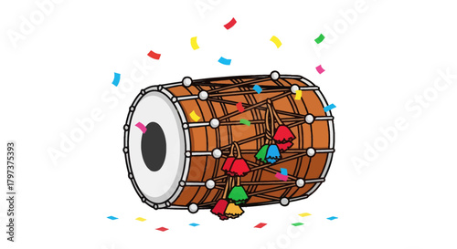 Decorated Dhol Drum with Colorful Tassels and Confetti.