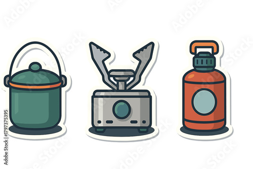 Essential portable camping stove, cooking pot, and fuel canister sticker set for outdoor adventure