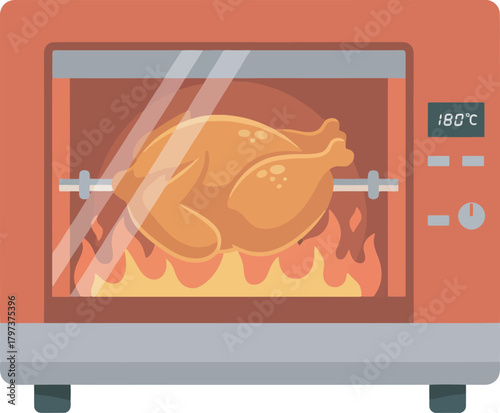 A roasted chicken turning inside an oven, with flames beneath.