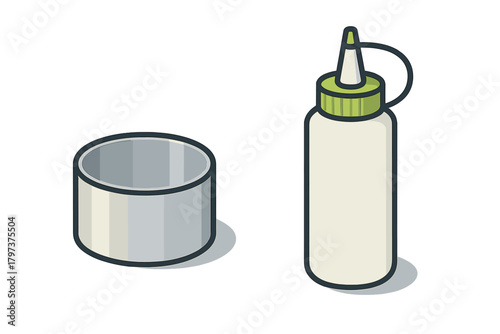 Isometric plastic squeeze bottle dispenser and open metal cylindrical container