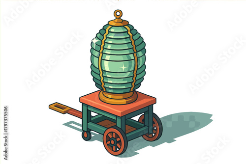 Isometric stylized green glass lantern on a small wooden cart with orange wheels and pull handle