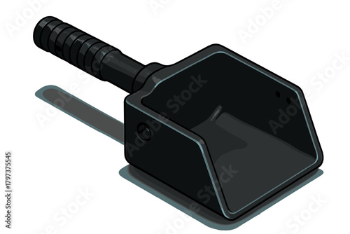 Isometric view of a black plastic utility scoop tool with handle and shadow